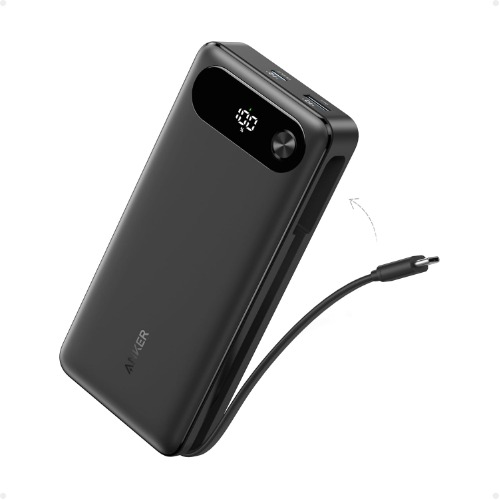 Anker Power Bank 20000mAh- Travel Essential Portable Charger With Built-in Usb-c Cable- Black